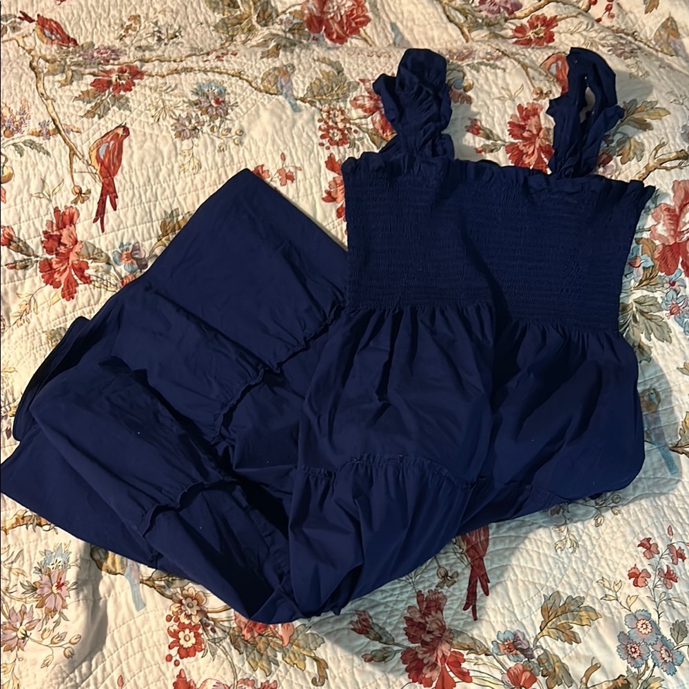 Hill House Navy Smocked Maxi Dress with Ruffle Straps